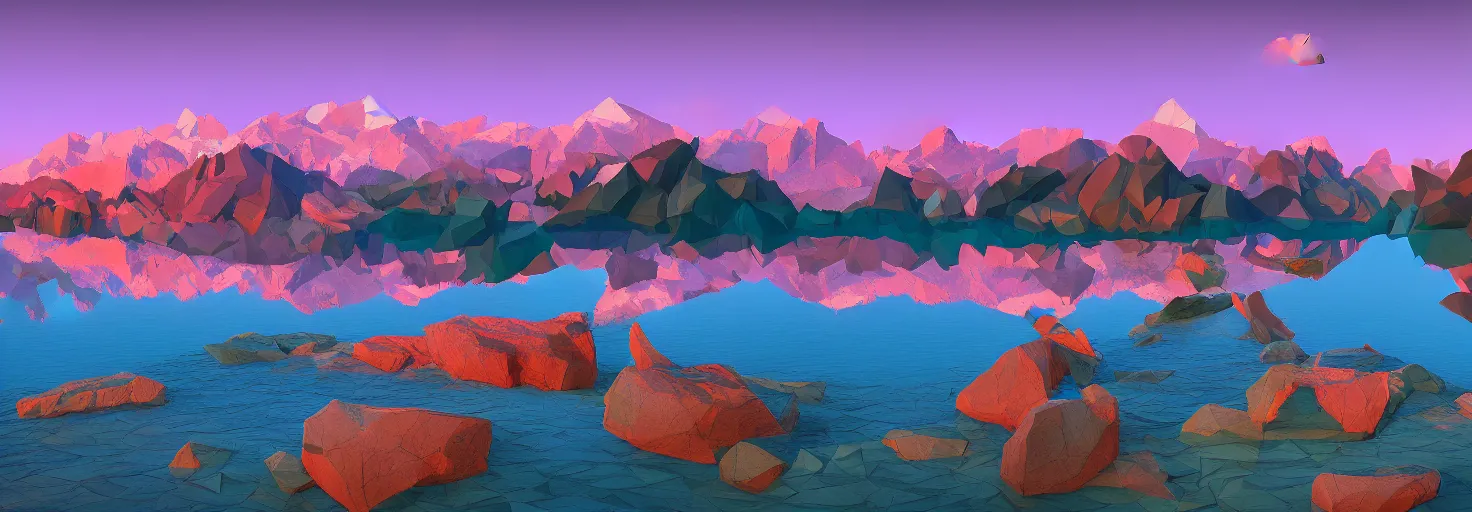 Image similar to super detailed color lowpoly art, northern sunset with rocks on front, blured monochromic lake in the middle of perspective and mountains at background, graphic reindeers in random points, unreal engine, david hockney color palette, 3d render, lowpoly, colorful, digital art