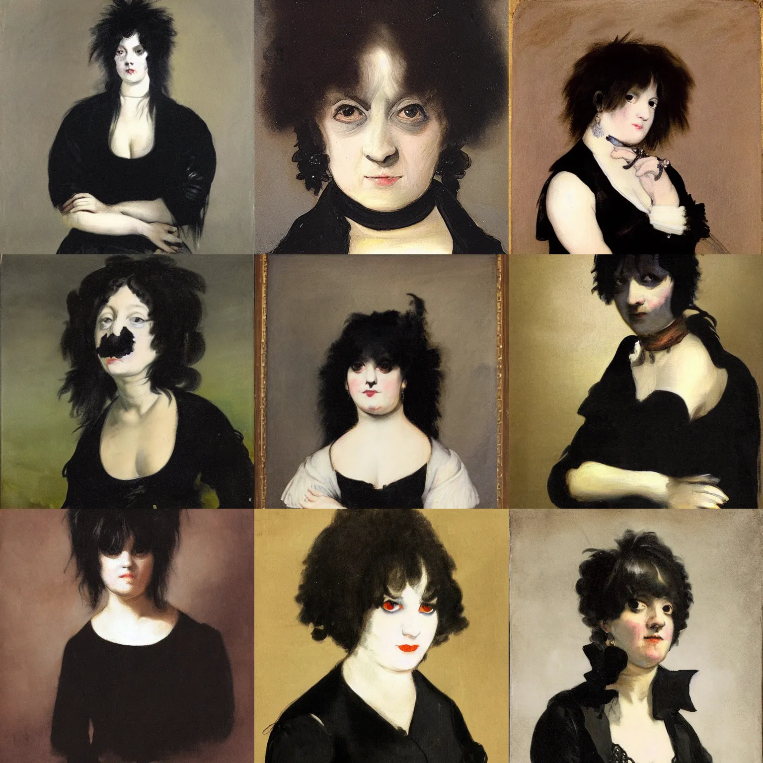 Prompt: A goth portrait painted by Francisco Goya. Her hair is dark brown and cut into a short, messy pixie cut. She has a slightly rounded face, with a pointed chin, large entirely-black eyes, and a small nose. She is wearing a black tank top, a black leather jacket, a black knee-length skirt, a black choker, and black leather boots.