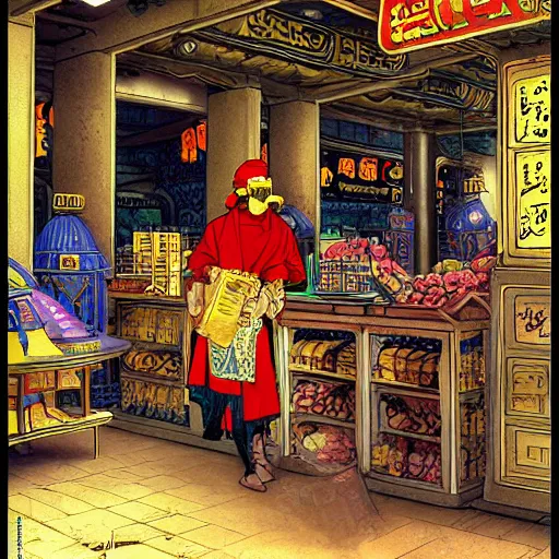 Image similar to byzantine bureaucrat wearing coolie hat and VR goggles with scrolling Chinese Arabic text standing behind counter in Hong Kong market, Dune concept art by Greg Rutkowkski, Brom, and Alphonse Mucha