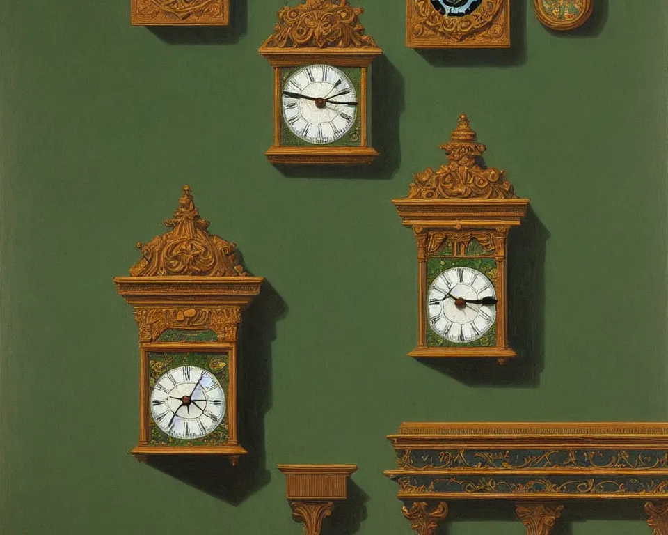 Prompt: an achingly beautiful print of hundreds of ornate clocks on a dark green wall by Raphael, Hopper, and Rene Magritte. detailed, romantic, enchanting, trending on artstation.