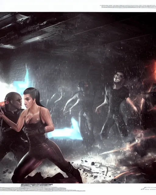 Prompt: A photo still of kim kardashian being tackled to the ground by aliens in resident evil, highly detailed, artstation, concept art, sharp focus, illustration, cinematic lighting, wide-shot.