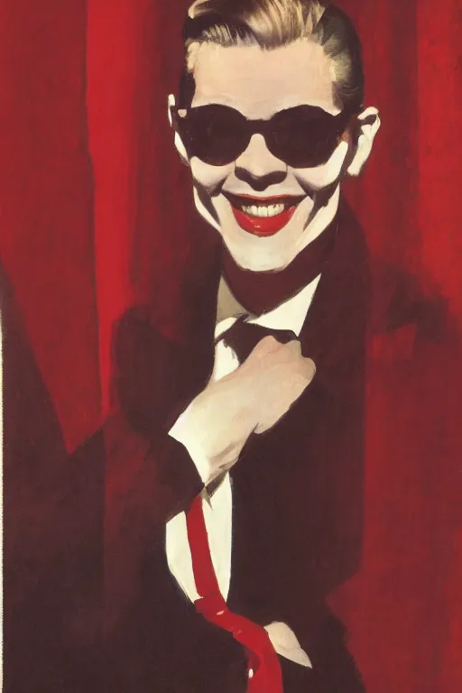 Prompt: portrait of a slender man with short hair and rounded sunglasses, malevolent smile, atmospheric and obscure, under a spotlight, against a red curtain, by joaquin sorolla, syd mead, sfumato, 5 0 mm