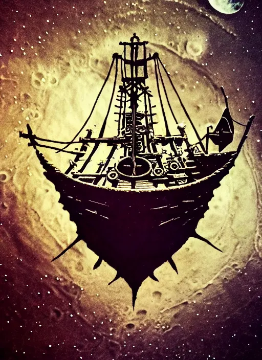 Prompt: photo of moonlanding with an old pirateship, scifi, aesthetic, fine art, intricate, elegant, highly detailed, centered, phograph, art station, conceptual art, soft, sharp focus,