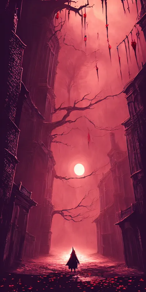 Image similar to abandoned bloodborne old alley with a kid at the centre, trees and stars background, falling petals, epic red - orange sunlight, perfect lightning, illustration by niko delort,