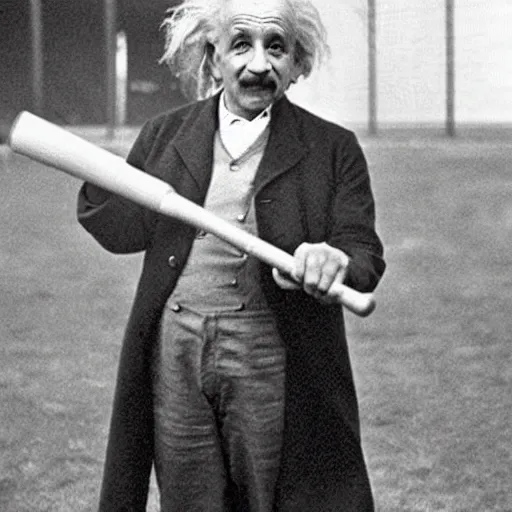 Image similar to photograph of albert einstein holding a baseball bat at the world series