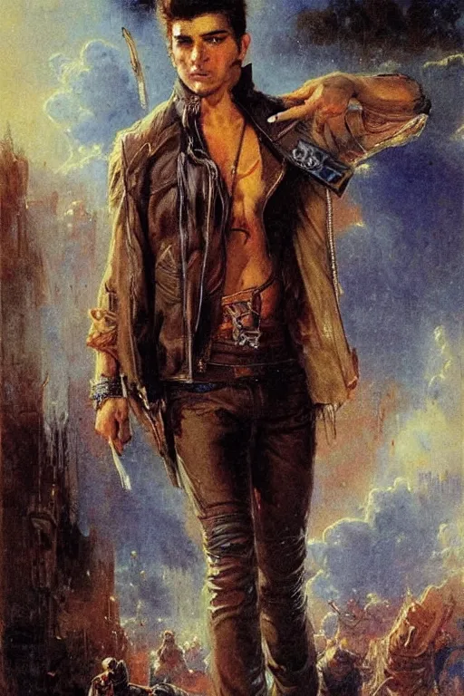 Prompt: a thirty - five year old contract killer named cobalt. he wears a brown leather jacket with a bloody white t - shirt tucked into his jeans. art by gaston bussiere.