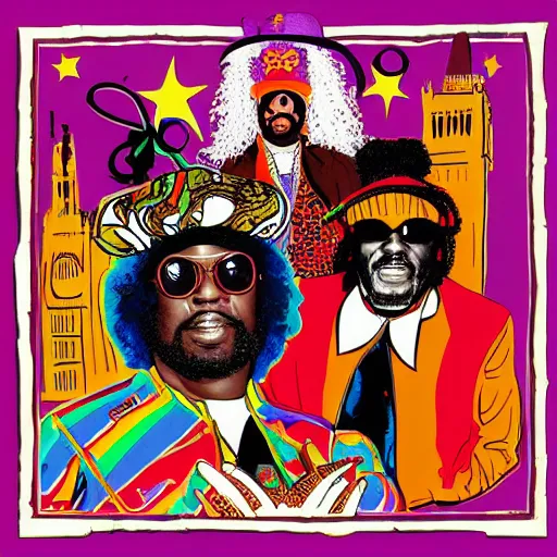 Prompt: artwork of pedro bell, parliament, funkadelic, george clinton, bootsy collins, the mothership, chocolate city