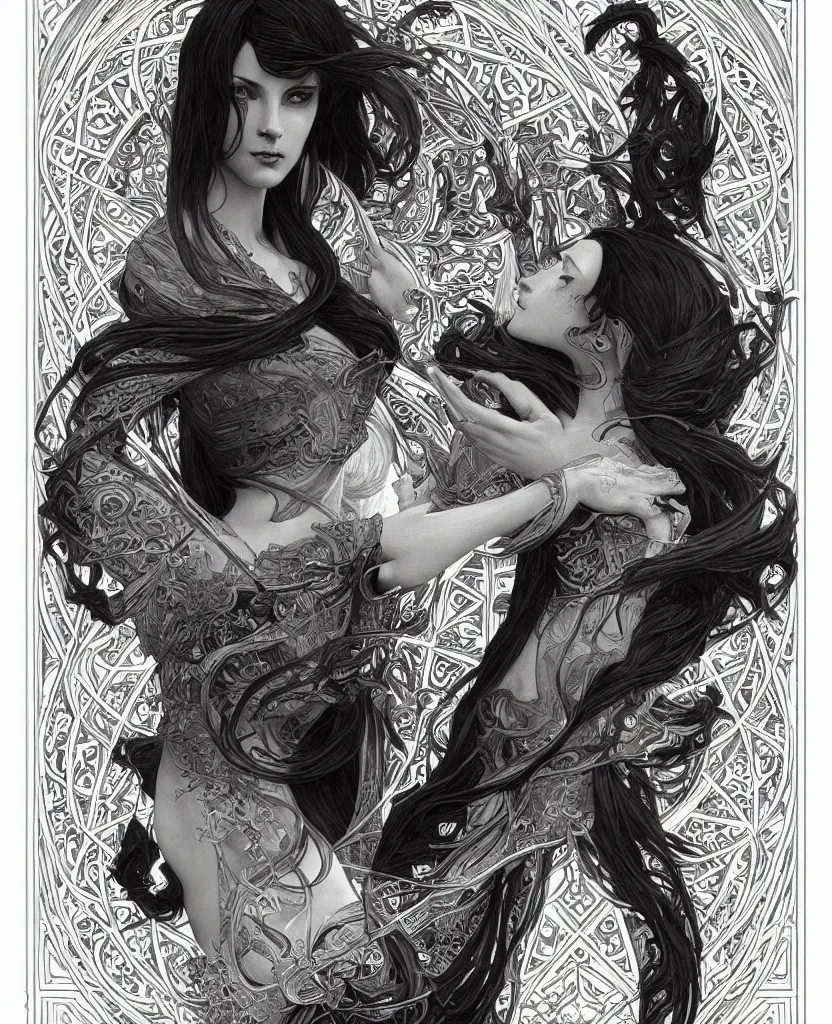 Image similar to black and white illustration of mystical geometrical alchemical black sacred symbols, deep focus, intricate, elegant, highly detailed, pen and ink style, artstation, concept art, matte, sharp focus, art by artgerm and greg rutkowski and alphonse mucha