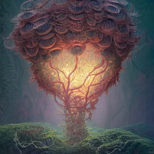 Image similar to a beautiful macro photography of moss with alien fungus, hyper detailed, warm volumetric lights, made by gerald brom and mike winkelmann, victo ngai, geof darrow, peter mohrbacher, johfra bosschart, miho hirano.