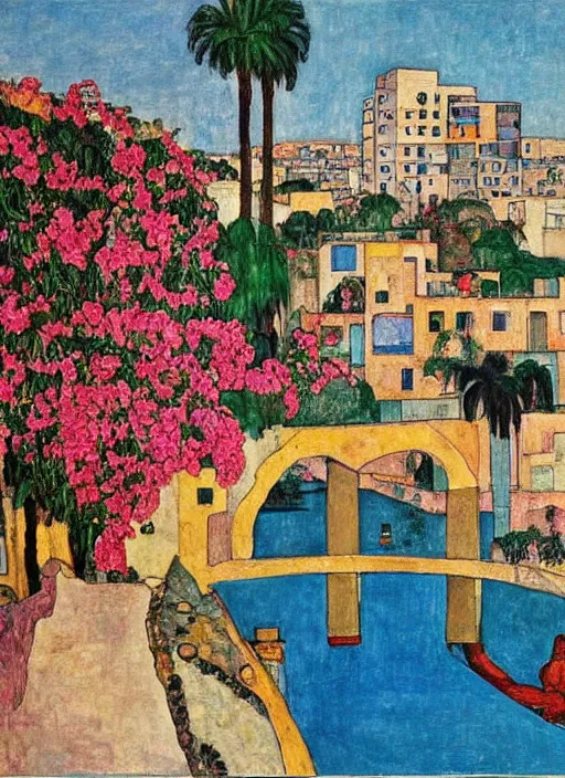 Image similar to ahwaz city in iran with a big arch bridge on local river, 2 number house near a lot of palm trees and bougainvillea, hot with shining sun, painting by egon schiele