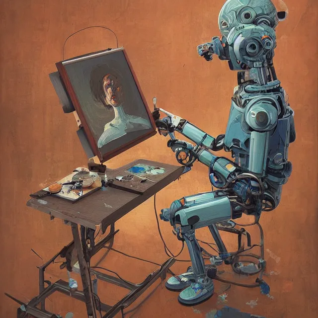 Image similar to robot artist painting a self - portrait on a canvas. intricate, highly detailed, digital matte painting, in the style of alexandros pyromallis, and in the style of sachin teng, and in the style of hans thoma, and in the style of donato giancola. irony, recursion, inspiration.