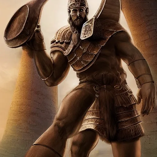 Prompt: a tall giant with arms that dangle all the way down to his feet, he is wearing a bronze chest plate and a Viking helmet. Epic digital art