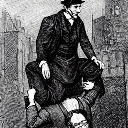 Prompt: Sherlock Holmes carrying Dr Watson on his back in the style of Sidney Paget