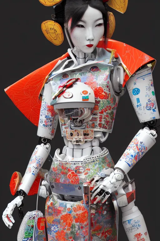 Prompt: full body portrait of a Japanese robot geisha with kanji tattoos and decals wearing a digital pixelated kimono, intricate design, photorealistic, arnold render, raytraced, ultra fine detailed, character design, trending on artstation