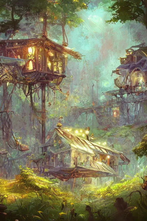 Image similar to a cheerful and whimsical ramshackle multistory hut in the woods, intricate, elegant, fantasy, highly detailed, digital painting, concept art, sharp focus, illustration, beautiful volumetric lighting, artstation, magic hour lighting, colorful, sunshine, springtime