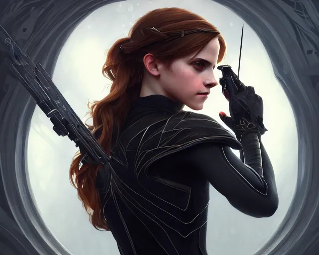 Image similar to photography of emma watson as black widow, deep focus, d & d, fantasy, intricate, elegant, highly detailed, digital painting, artstation, concept art, matte, sharp focus, illustration, hearthstone, art by artgerm and greg rutkowski and alphonse mucha