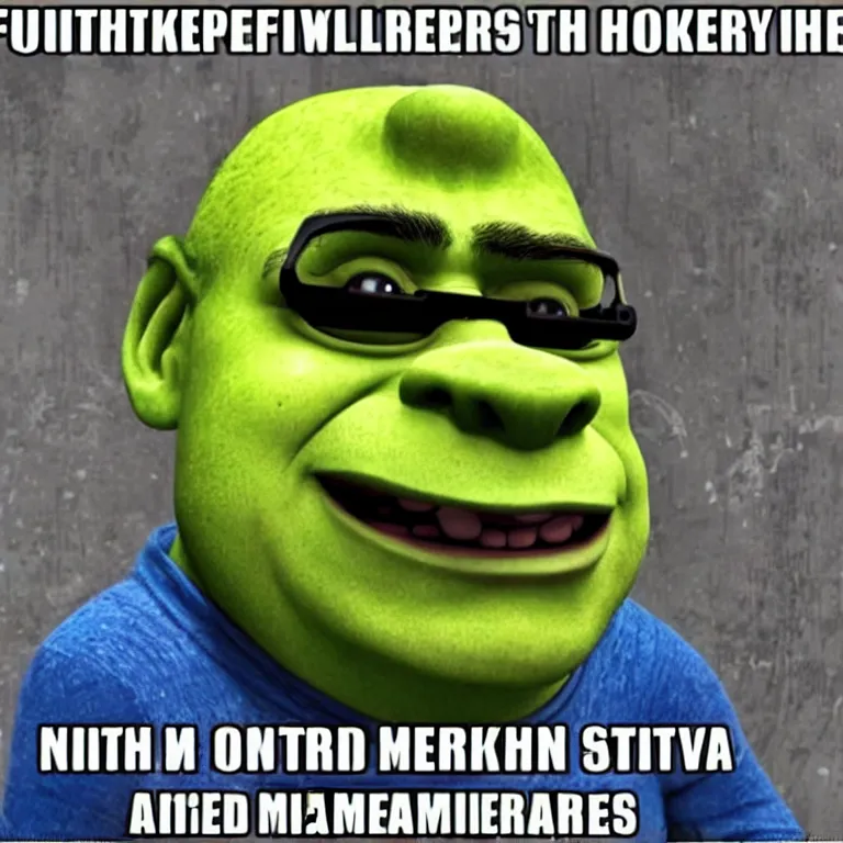 Prompt: funny shrek with cyberpunk glasses, meme