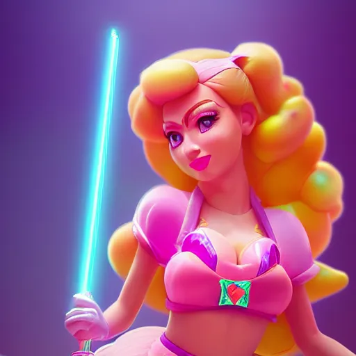 Image similar to Princess peach mixed with jinx from league of legends, background with neon lighting, raytrayced, octane render, smoke at the bottom, hyperrealist, by Joe Benitez, WLOP, Alessandro Barbucci, Barbara Canepa