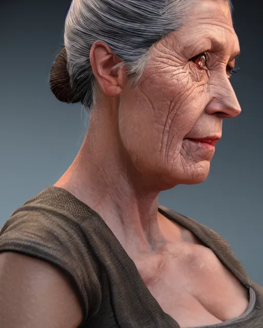 Image similar to portrait 6 0 - year - old woman, tall, severe - looking, with dark hair tied up in a bun, hyper realistic face, beautiful eyes, character art, art by mark brooks, hyperdetailed, cryengine, trending on artstation, digital art