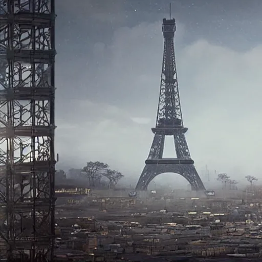 Image similar to A beautiful intricate 8K award-winning cinematic movie photograph of the future Eiffel Tower, destroyed and decaying, hidden by billboards. in the year 2043, by Bruno Delbonnel and greg rutkowski. Arri Alexa 65, IMAX 70mm footage