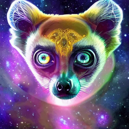 Image similar to geometric symmetrical lemur with galaxy eyes in space, nebula in the background, intricate, elegant, highly detailed, digital painting, artstation, concept art, smooth, sharp focus, illustration, art by artgerm