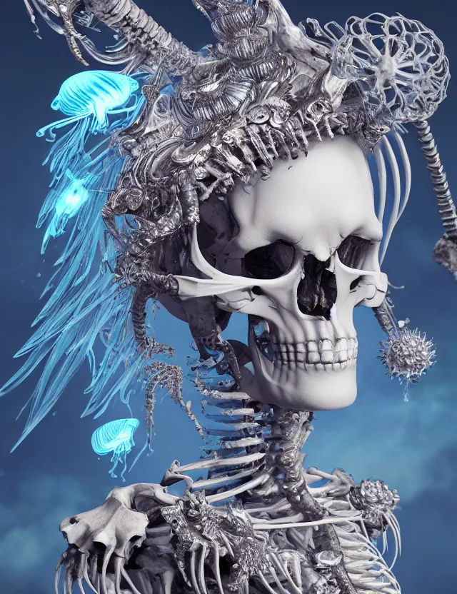 Image similar to 3 d goddess skeleton macro close - up portrait with crown made of ram skull. betta fish, jellyfish phoenix, bioluminiscent fire, plasma, ice, water, wind, creature, super intricate ornaments artwork by tooth wu and wlop and beeple and greg rutkowski