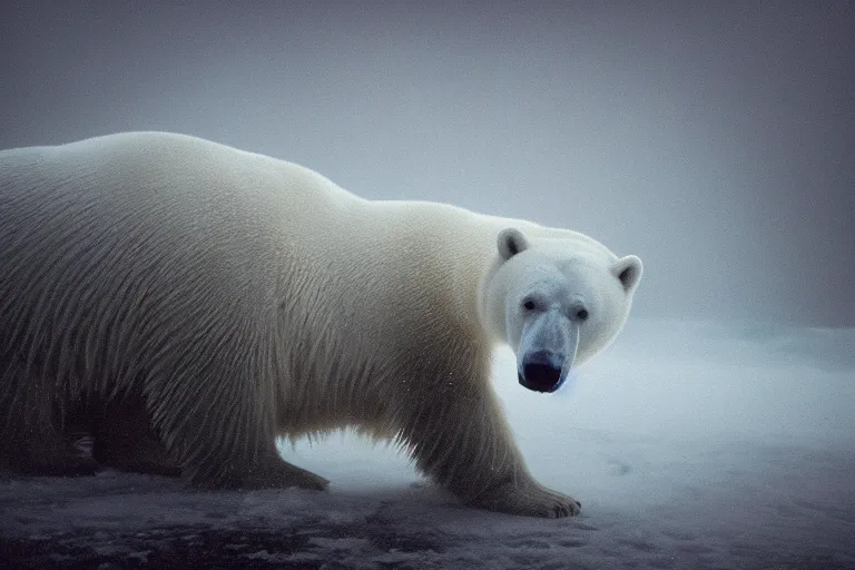 Prompt: a highly detailed cinematic photograph of a polar bear on the north pole in the mist, ultra realistic, depth, beautiful lighting, by annie leibovitz, hasselblad, 1 0 0 mm, bokeh, photorealistic, hyperrealistic, octane, masterpiece