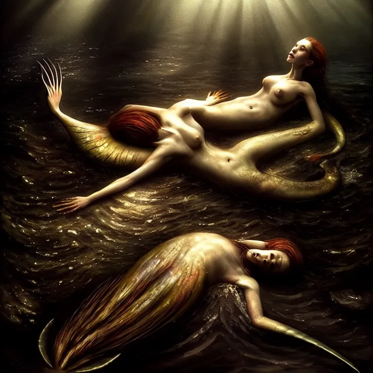 Image similar to epic professional digital art of a starving mermaid, atmospheric lighting, beautiful light and shadow, painted, complex, detailed, detailed, foreboding, mysterious, leesha hannigan, wayne haag, reina rocin, ignacio fernandez rios, mark ryden, iris van herpen, epic, stunning, magnificent, very wow, cinematic, masterpiece.