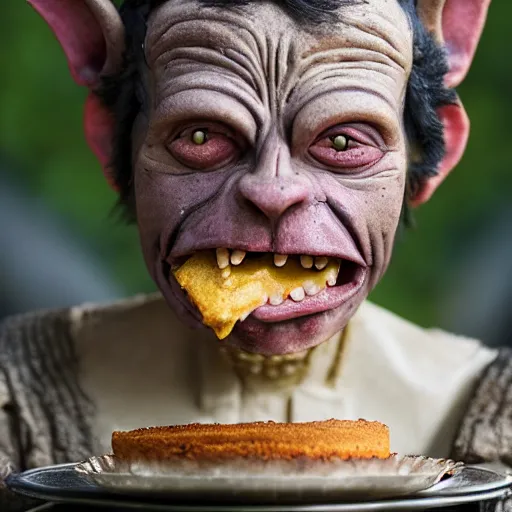 Image similar to closeup portrait of a medieval goblin eating cakes in the cloisters, depth of field, zeiss lens, detailed, symmetrical, centered, fashion photoshoot, by annie leibovitz and steve mccurry, david lazar, jimmy nelsson, breathtaking, 8 k resolution, extremely detailed, beautiful, establishing shot, artistic, hyperrealistic, beautiful face, octane render