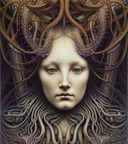 Prompt: detailed realistic beautiful dawn goddess face portrait by jean delville, gustave dore, iris van herpen and marco mazzoni, art forms of nature by ernst haeckel, art nouveau, symbolist, visionary, gothic, neo - gothic, pre - raphaelite, fractal lace, intricate alien botanicals, ai biodiversity, surreality, hyperdetailed ultrasharp octane render