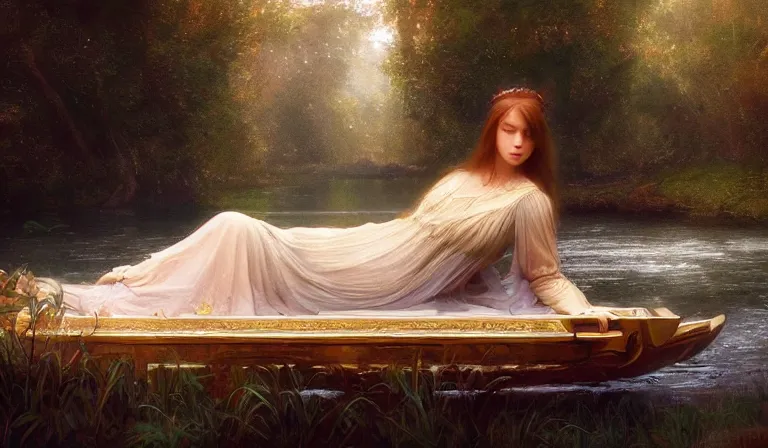 Image similar to full body pose of lady of shalott laying in a river, sadness, longing, sharp focus, intricate, elegant, digital painting, artstation, matte, highly detailed, concept art, illustration, volumetric lighting, bokeh light, art by greg olsen and liz lemon and john william waterhouse