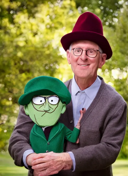 Image similar to portrait photo still of real life mr garrison with mr hat puppet, 8 k, 8 5 mm, f. 1 4