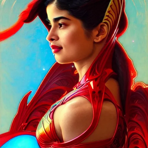 Image similar to anne curtis as darna, volumetric lights, red and cyan theme, art nouveau botanicals, intricate, highly detailed, digital painting, artstation, concept art, smooth, sharp focus, cinematic, illustration, beautiful face, art by artgerm and greg rutkowski and alphonse mucha