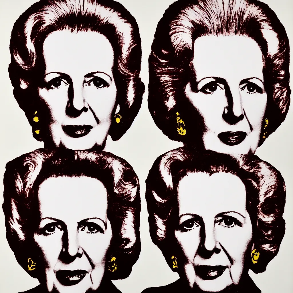 Image similar to individual silk screen portrait of margaret thatcher by andy warhol