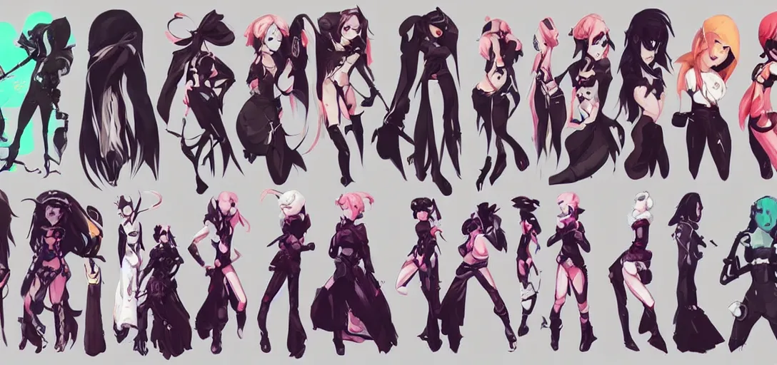 Image similar to concept art of female video game characters head designs, gothic, disgaea, flcl, overwatch, unique silhouettes, cute casual streetwear, by marc brunet and artgerm