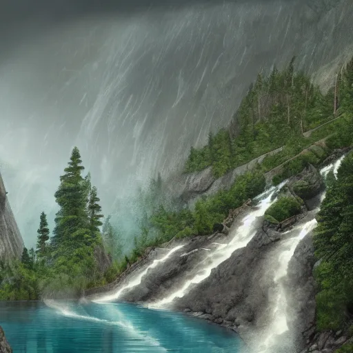 Image similar to A stone lake dam high in the mountains. The dam exploded in the middle creating a waterfall that overflows the river below. .Fantasy, concept art, sharp focus, artstation