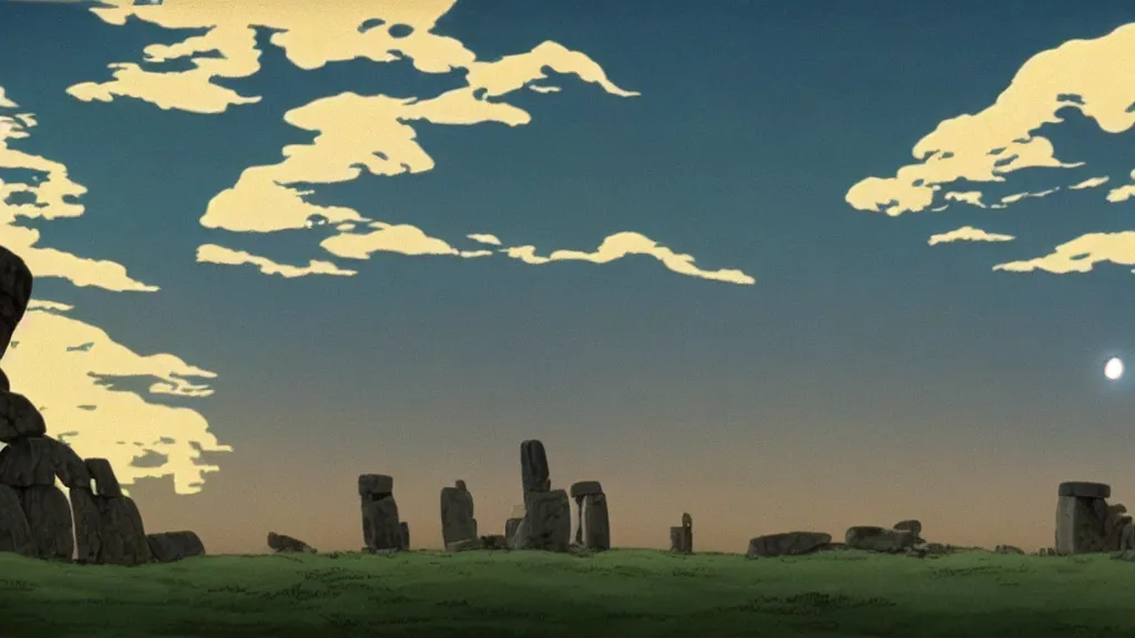 Prompt: a cell shaded cartoon movie still from princess mononoke ( 1 9 9 7 ) showing a golden ufo over stonehenge. in the background is machu pichu on a misty and starry night. very dull muted colors, hd, 4 k, hq