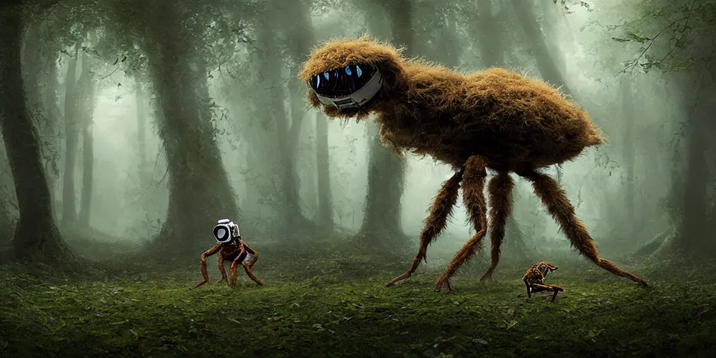 Image similar to an astronaut comes a across a furry spider - like creature in a forest, a detailed matte painting by frieke janssens, featured on cgsociety, space art, matte painting, matte drawing