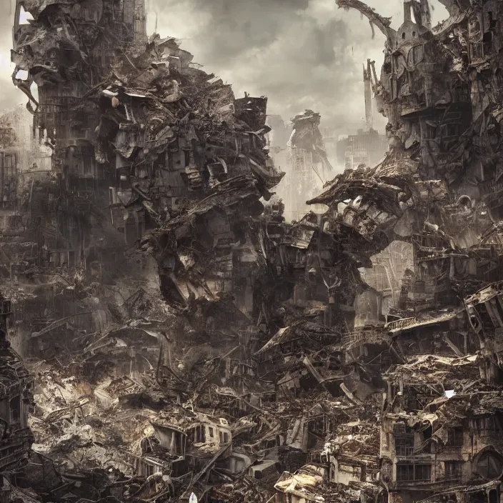 Image similar to mech - warrior background crumbling buildings, hyper - detailed, octane render, sharp focus, 4 k ultra hd, fantasy dark art, apocalyptic art