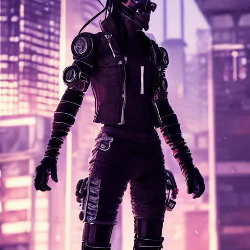 Prompt: Detailed cyberpunk rogue clothing concept art, realistic artstyle, full-body, octane render, HD, facial accuracy, symmetrical