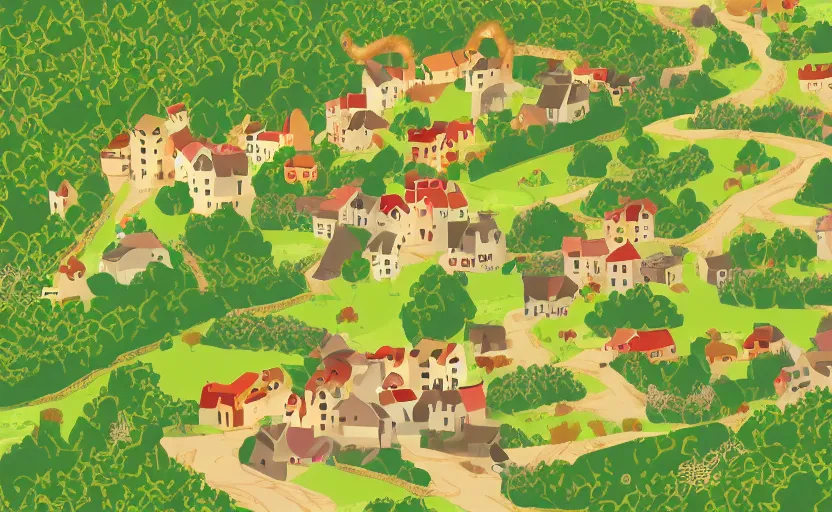 Image similar to a small village in a valley, villagers busy farming, a dragon approaching from a distance, zoomed in, vector, storybook, gouache, flat, sharp edges, concept art, print