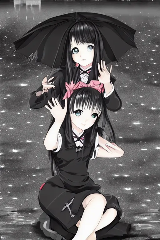 Image similar to A stern girl in Japanese maid's clothes and long stockings sits on the wet pavement in a parking lot in the rain at night. Dark anime drawing in gothic pixiv style.