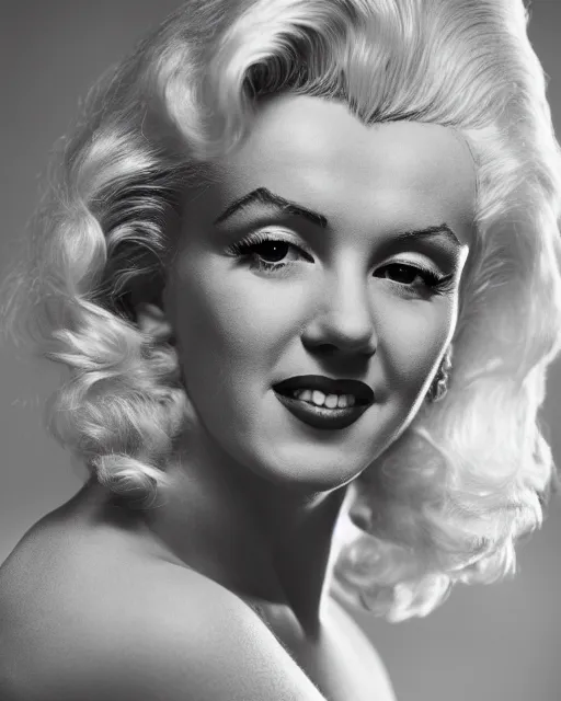 Image similar to Beautiful Head and shoulders portrait of smiling flirty Marilyn monroe with platinum blonde hair, wearing a camisole by alberto Vargas, arney freytag, artstation, 35mm, fashion photoshoot, laying on a bed in a photo studio, golden hour, bokeh, rim lighting, fashion pose, octane, 4k