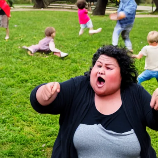 Prompt: chubby woman crying and angrily pointing at a group of small black children playing in a park