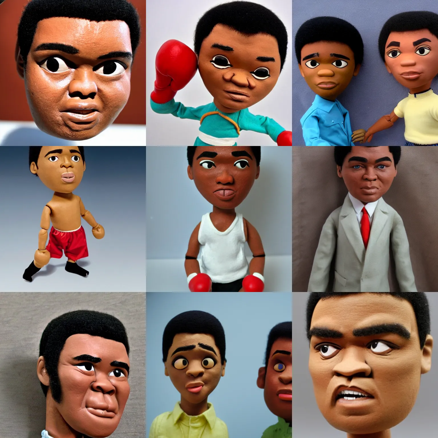 Prompt: real muhammas ali cassius clay!! clay! close detailed sculpted head , style: claymation puppet kids clay , by guldies