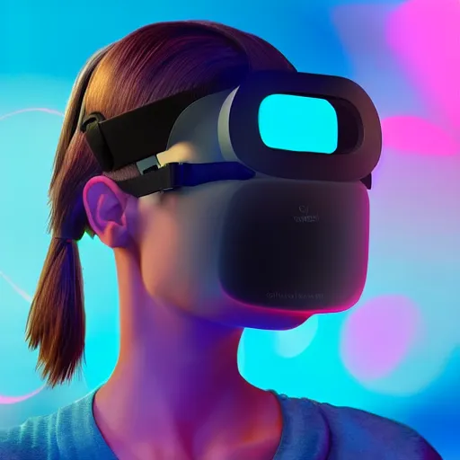 Image similar to young female wearing oculus quest 2, highly detailed digital painting hyperrealism ray tracing cinematic