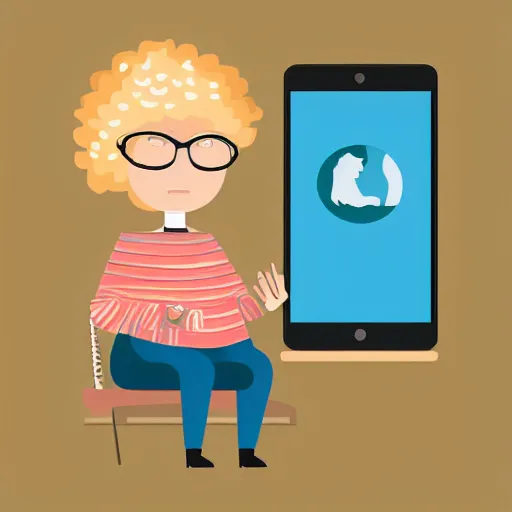 Image similar to a flat design illustration of a grandma with a dog. the grandma using a smart phone.