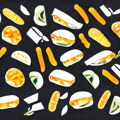 Image similar to a pattern of small marker paintings of street food with off - white background in black and white