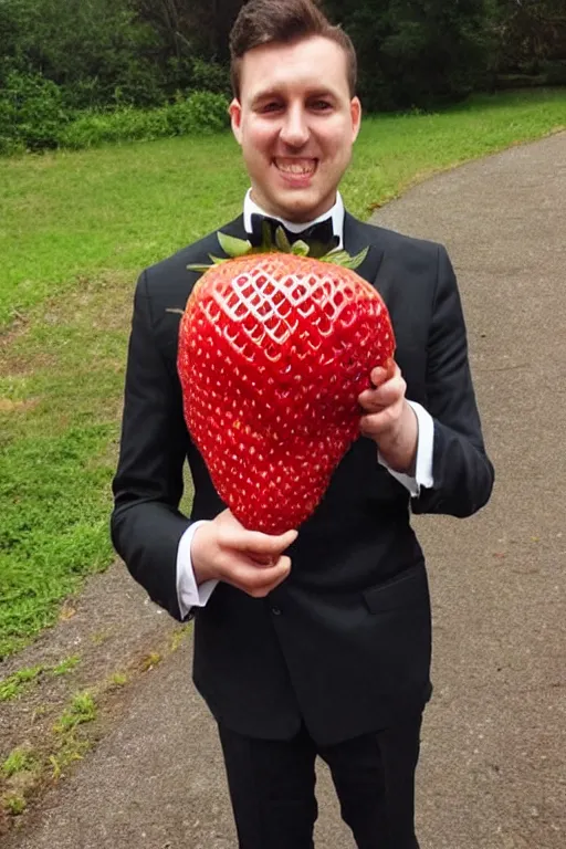 Image similar to a strawberry man wearing a tuxedo, he has a giant strawberry instead of a head