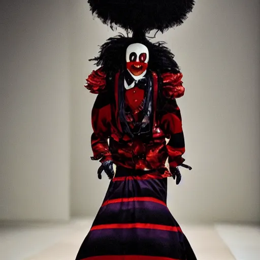 Image similar to a fashion editorial photo of high fashion clown runway by alexander mcqueen